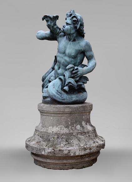 Important Louis XIV style pair of Tritons sounding a conch shell in bronze with green patina_fr