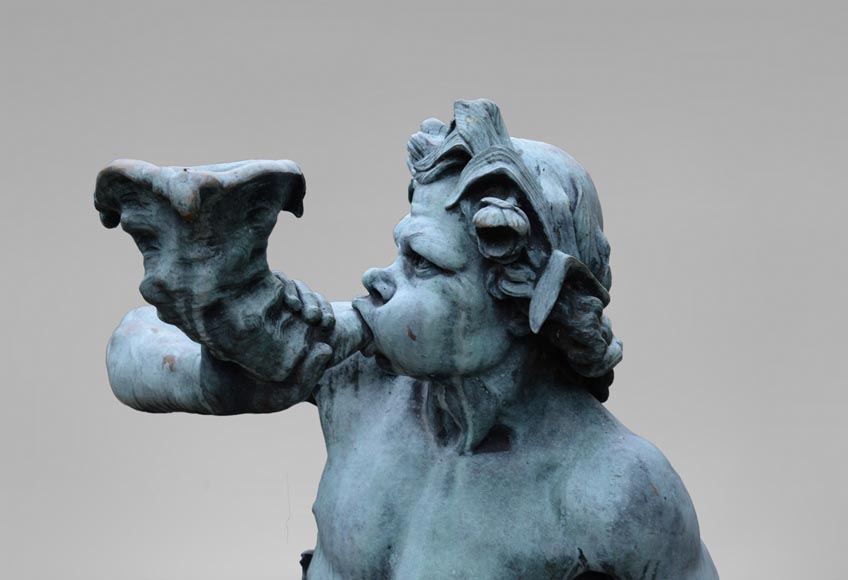 Important Louis XIV style pair of Tritons sounding a conch shell in bronze with green patina_fr