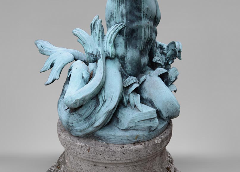 Important Louis XIV style pair of Tritons sounding a conch shell in bronze with green patina_fr