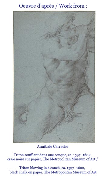 Important Louis XIV style pair of Tritons sounding a conch shell in bronze with green patina_fr
