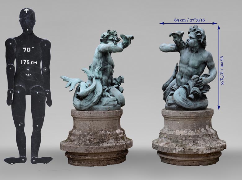 Important Louis XIV style pair of Tritons sounding a conch shell in bronze with green patina_fr