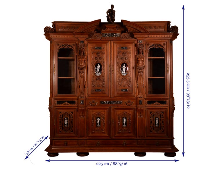  Important cabinet en noyer de style Néo-Renaissance - Émaux peints signés par Théophile Soyer (1853-1940)-17