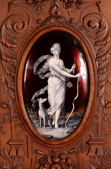 MAZAROZ-RIBAILLIER & SOYER Théophile — Important cabinet de présentation de style Néo-Renaissance en noyer sculpté, à émaux peints MAZAROZ-RIBAILLIER & SOYER Théophile — Important cabinet de présentation de style Néo-Renaissance en noyer sculpté, à émaux peints-2