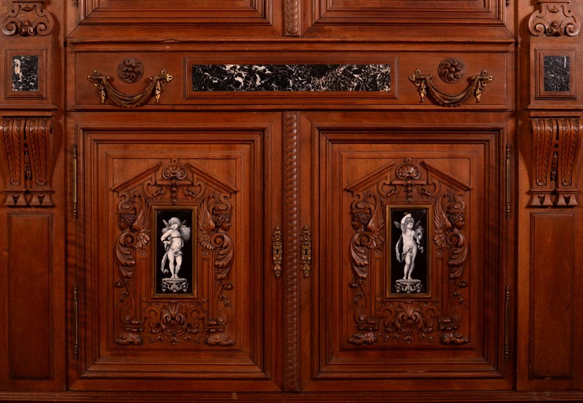 MAZAROZ-RIBAILLIER & SOYER Théophile — Important cabinet de présentation de style Néo-Renaissance en noyer sculpté, à émaux peints MAZAROZ-RIBAILLIER & SOYER Théophile — Important cabinet de présentation de style Néo-Renaissance en noyer sculpté, à émaux peints-6