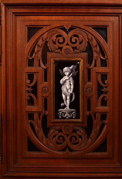 MAZAROZ-RIBAILLIER & SOYER Théophile — Important cabinet de présentation de style Néo-Renaissance en noyer sculpté, à émaux peints MAZAROZ-RIBAILLIER & SOYER Théophile — Important cabinet de présentation de style Néo-Renaissance en noyer sculpté, à émaux peints-7