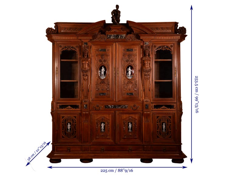 MAZAROZ-RIBAILLIER & SOYER Théophile — Important cabinet de présentation de style Néo-Renaissance en noyer sculpté, à émaux peints MAZAROZ-RIBAILLIER & SOYER Théophile — Important cabinet de présentation de style Néo-Renaissance en noyer sculpté, à émaux peints-17