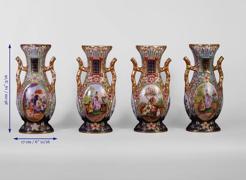 MANUFACTURE DE BAYEUX - Suite de quatre vases à décor polychrome et or de Chinois-9