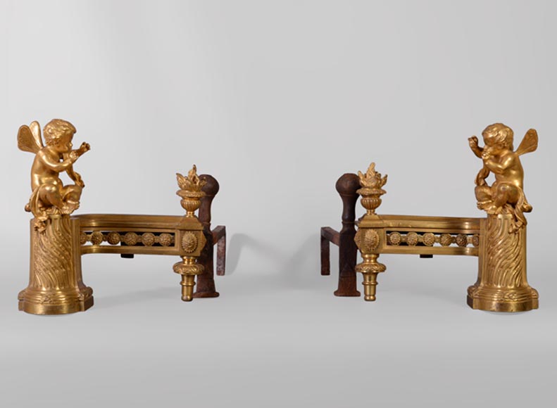 BOUHON Frères - Paire de chenets de style Louis XVI aux putti-0