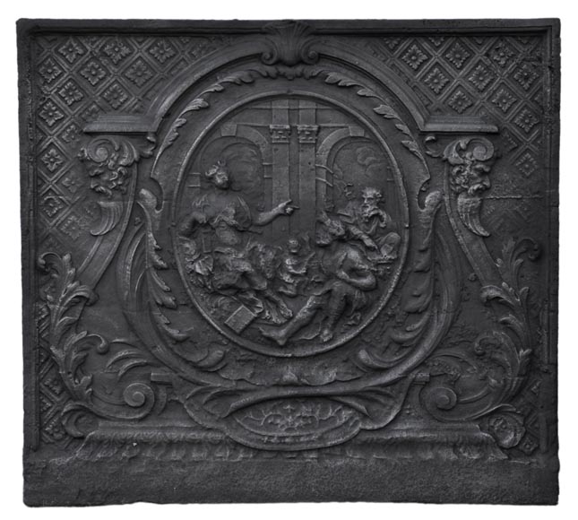 Grande plaque de cheminée ancienne de style Louis XV représentant Diane et les sages, XVIIIème siècle-0