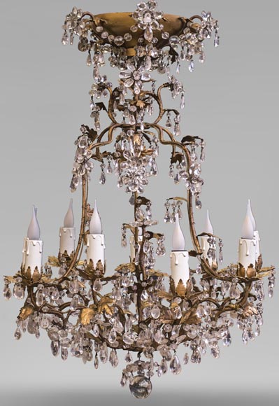 Lustre cage de style Louis XV en cristal de roche et métal doré-0