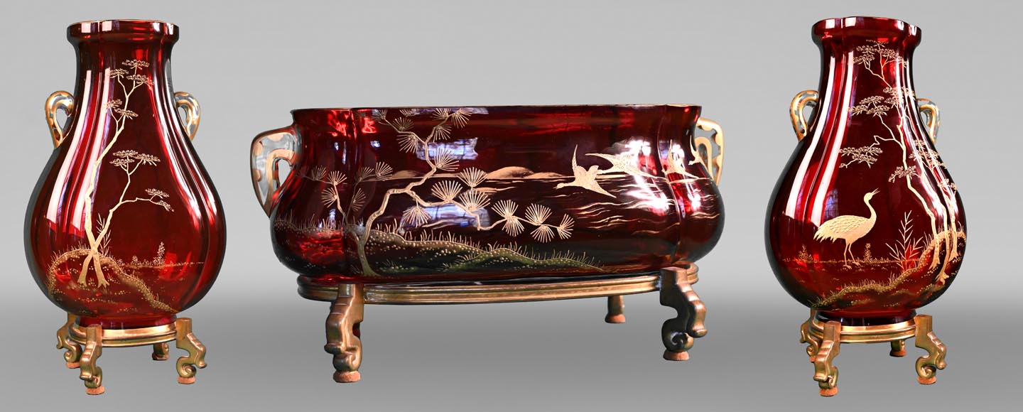 BACCARAT, Garniture au paysage japonisant, vers 1880-0