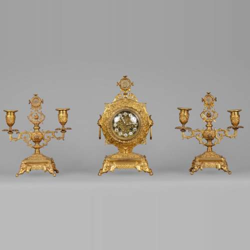 Ferdinand BARBEDIENNE (attribuée à) - Garniture en bronze doré dans le goût du Japon