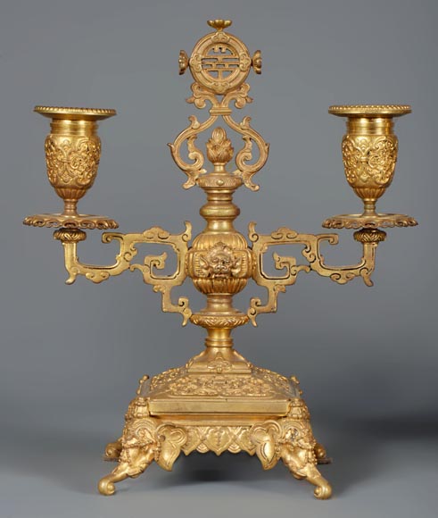 Ferdinand BARBEDIENNE (attribuée à) - Garniture en bronze doré dans le goût du Japon-11