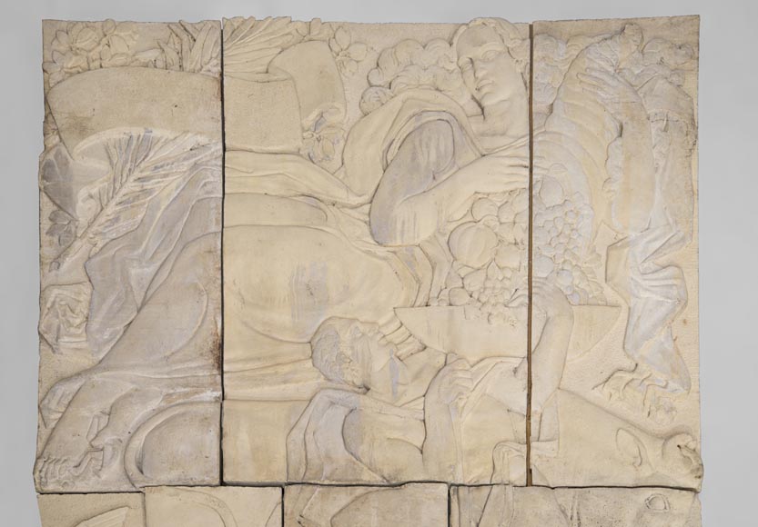 La Maternité et l'Agriculture, important bas-relief monumental d'époque Art Déco en pierre composite, signé-1