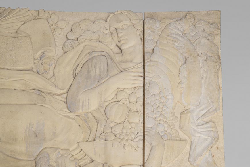 La Maternité et l'Agriculture, important bas-relief monumental d'époque Art Déco en pierre composite, signé-2