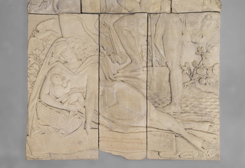 La Maternité et l'Agriculture, important bas-relief monumental d'époque Art Déco en pierre composite, signé-4
