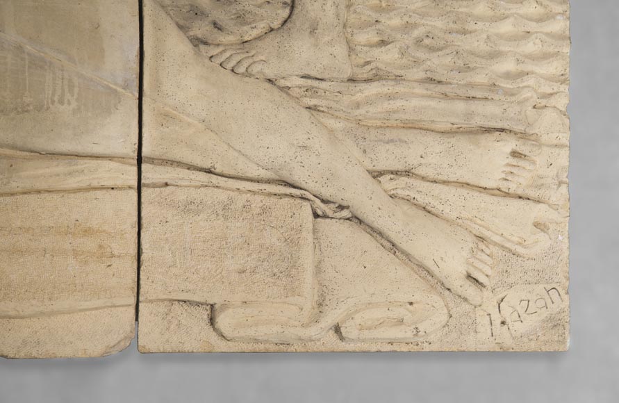 La Maternité et l'Agriculture, important bas-relief monumental d'époque Art Déco en pierre composite, signé-6