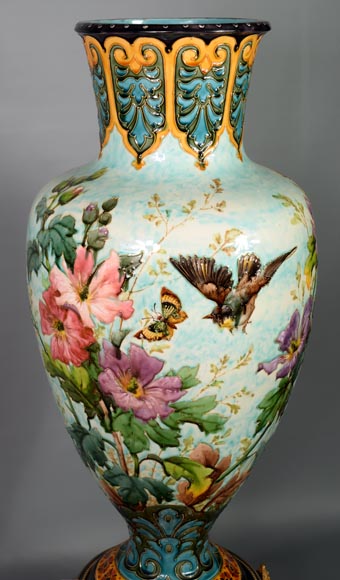 Très beau et important vase balustre Napoléon III en porcelaine sur une base en placage de bois et écailles-4