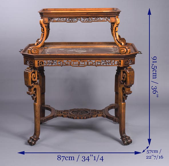 Table à thé japonisante à double plateau et incrustations de nacre-6