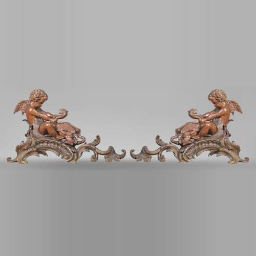 Paire de chenets aux putti et chimères, en bronze à deux patines