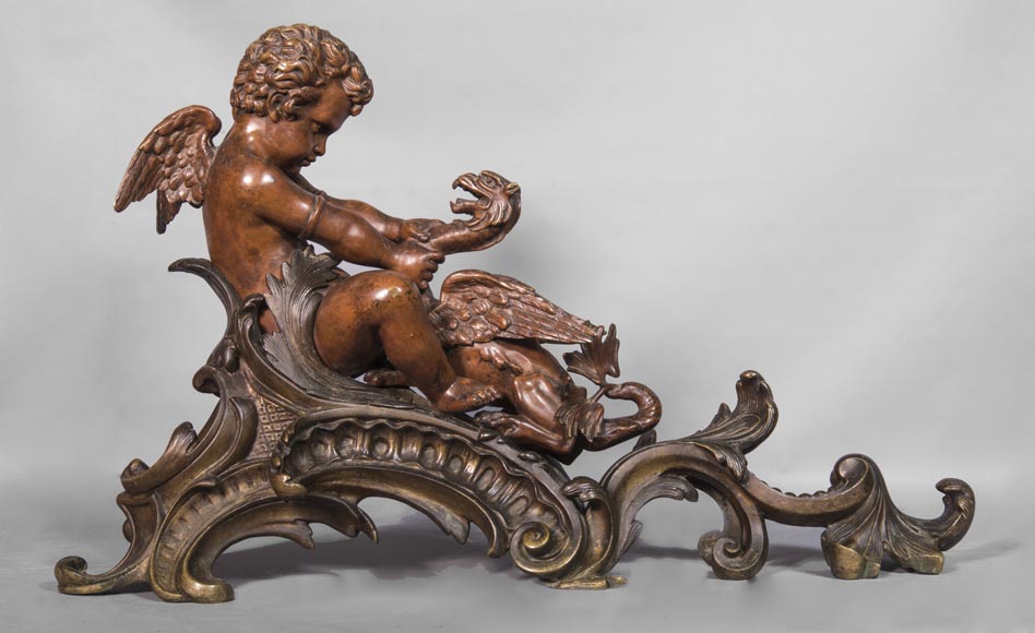 Paire de chenets aux putti et chimères, en bronze à deux patines-1