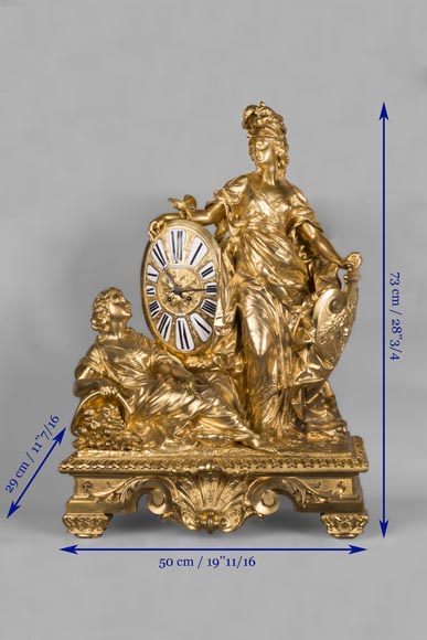 Importante pendule en bronze doré, signée LEROLLE Frères Paris, figurant Cérès aux pieds de Minerve présentant son bouclier-13