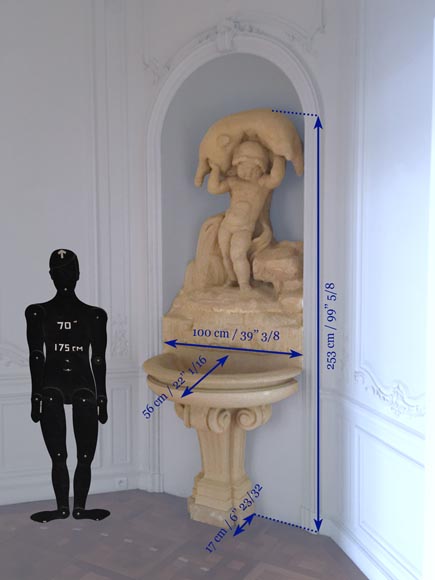 Belle fontaine d’intérieur néoclassique en pierre représentant Hercules enfant-5