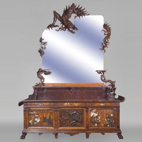 Maison des Bambous Alfred PERRET et Ernest VIBERT - Grande desserte japonisante et son miroir aux dragons
