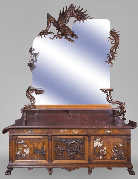 Maison des Bambous Alfred PERRET et Ernest VIBERT - Grande desserte japonisante et son miroir aux dragons Maison des Bambous Alfred PERRET et Ernest VIBERT - Grande desserte japonisante et son miroir aux dragons-0