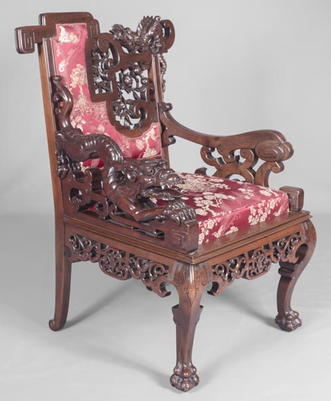 Cyrille RUFFIER DES AIMES (1844-1916) - Ensemble de deux chaises et un fauteuil d'inspiration extrême-orientale-11