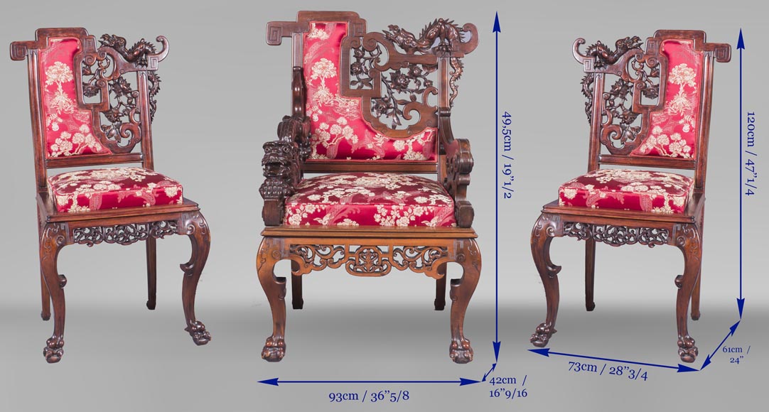 Cyrille RUFFIER DES AIMES (1844-1916) - Ensemble de deux chaises et un fauteuil d'inspiration extrême-orientale-29