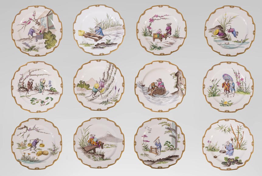 Ch. PILLIVUYT & Cie, Paris - « Le village secret des souris » Ensemble de 12 assiettes japonisantes inspirées par la Manga de Hokusai-0