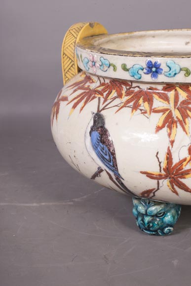 Beau cache-pot chinoisant ancien en faïence à décor d'oiseaux-7