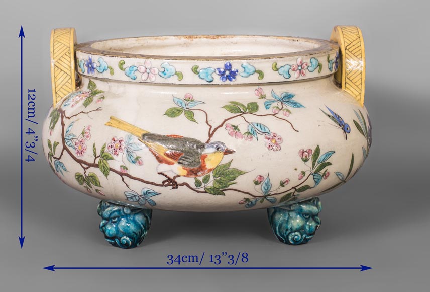 Beau cache-pot chinoisant ancien en faïence à décor d'oiseaux-10