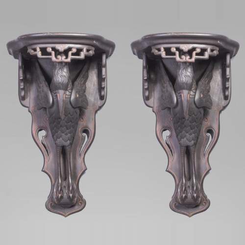 Maison des Bambous Alfred PERRET et Ernest VIBERT (attribué à) - Paire de consoles d'applique aux cigognes