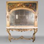 Console ancienne et son miroir, de style Louis XV, aux perroquets