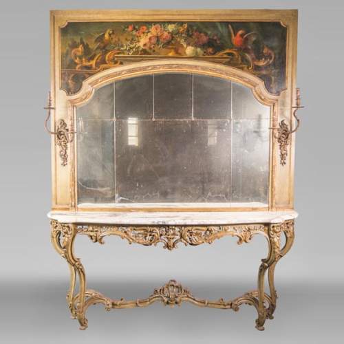 Console ancienne et son miroir, de style Louis XV, aux perroquets
