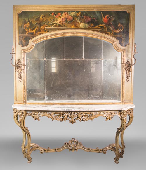 Console ancienne et son miroir, de style Louis XV, aux perroquets-0