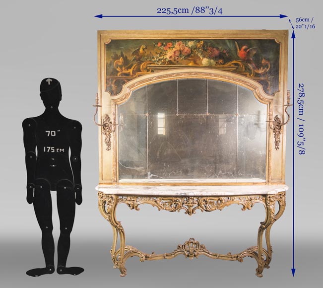 Console ancienne et son miroir, de style Louis XV, aux perroquets-13