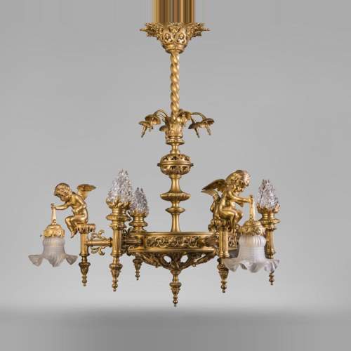 Beau lustre ancien de style Napoléon III aux Putti soutenant des tulipes