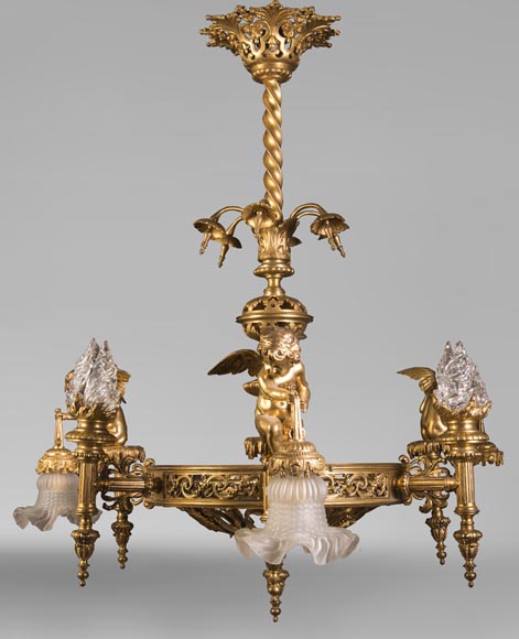 Beau lustre ancien de style Napoléon III aux Putti soutenant des tulipes-1