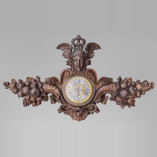 Grand cartel en chêne sculpté figurant Hermès et son caducée, fin du XIXè siècle