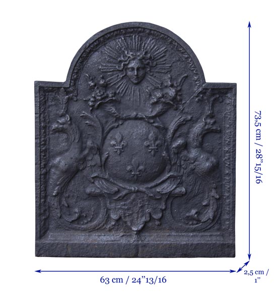 Plaque de cheminée moderne aux Armes de France et au Roi-Soleil-7