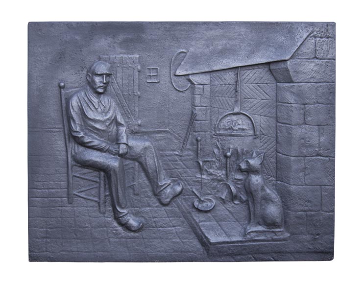 Plaque De Cheminee Moderne A Decor D Un Personnage Et Son Chat Se Rechauffant Pres Du Feu Plaques De Cheminee