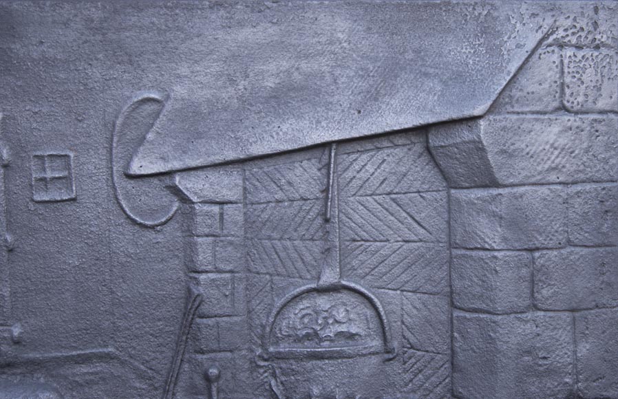 Plaque de cheminée moderne à décor d'un personnage et son chat se réchauffant près du feu-3
