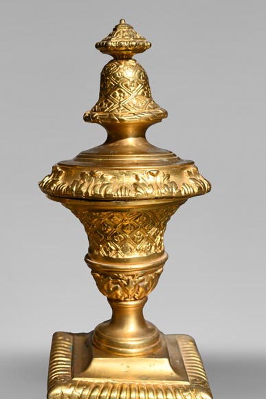 Paire de chenets de style Louis XIV en bronze doré décorés de profils-3