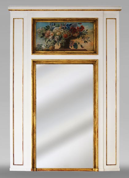 Trumeau ancien avec huile sur toile représentant un bouquet de fleurs-0