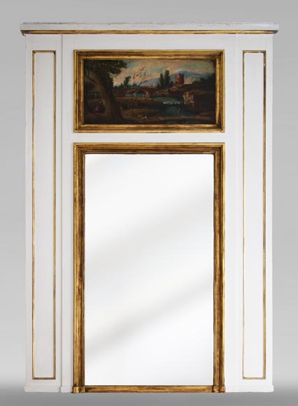 Trumeau ancien décoré d'une huile sur toile représentant un paysage animé-0