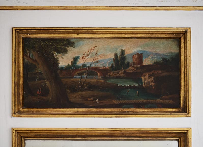 Trumeau ancien décoré d'une huile sur toile représentant un paysage animé-1