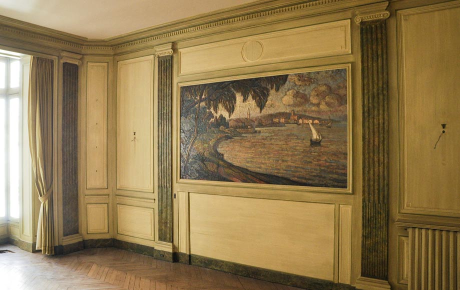 Belle pièce de boiserie de style Louis XVI avec sa cheminée en pierre et une huile sur toile représentant une marine-2